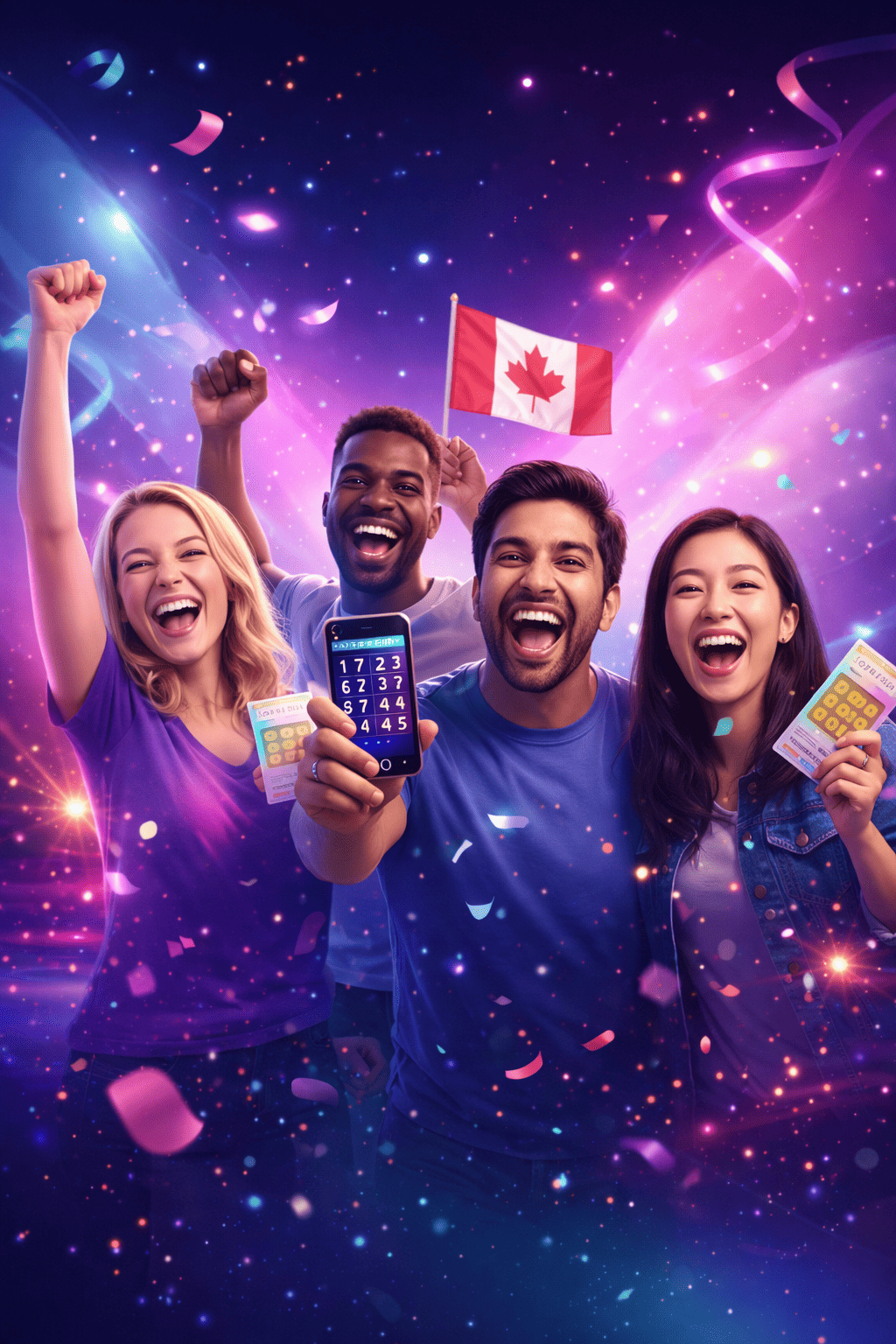 Diverse group of people celebrating lottery draw results together in Canada