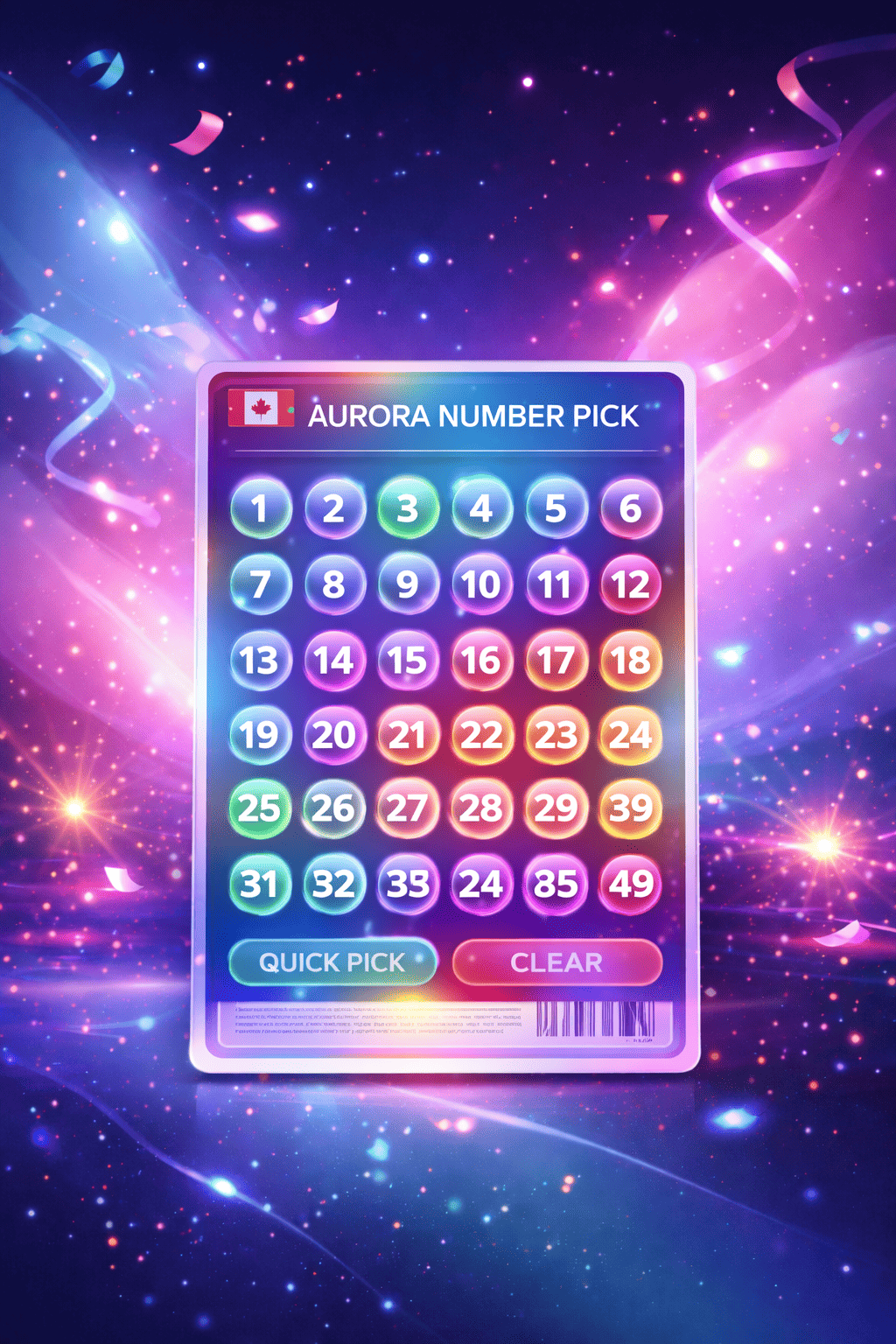 Aurora Number Pick lottery format with illuminated number balls from 1 to 49